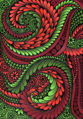 A detailed and rich abstract pattern that completely fills the entire surface. The design is executed in a style reminiscent of psychedelic ornamentation with a strong sense of movement.