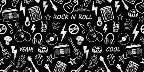 Hand drawn rock n roll doodle pattern with guitars boomboxes skulls and lightning bolts