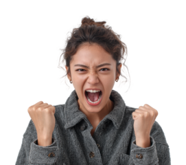 Emotional outburst young woman portrait isolated on transparent background