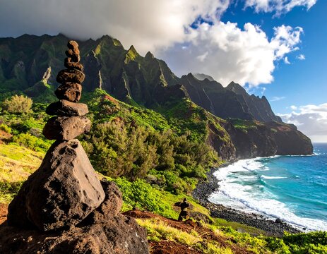 Stone stack on a hill overlooking an ocean coastline and green mountains