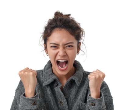 Emotional outburst young woman portrait isolated on transparent background - Powered by Adobe