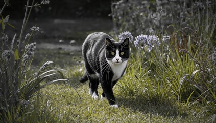 Black and white cat striding energetically in a garden, focus on agility