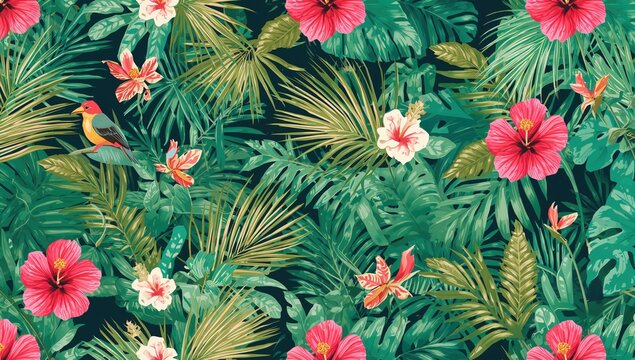 2D seamless floral pattern featuring tropical leaves, palm fronds, and vibrant exotic flowers including bird of paradise and hibiscus, ideal for fabric designs, gifts, and wrapping paper