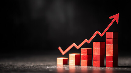 Barras crescentes com seta para cima reforçam estabilidade, planejamento eficaz, fortalecimento econômico e direção positiva dos negócios