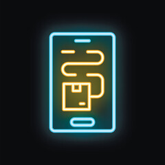 Neon sign of a package tracking app interface being displayed on a smartphone screen
