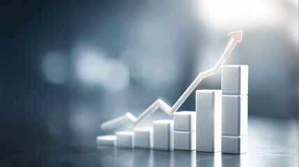 Business growth concept with rising bar chart and upward arrow on wooden table, representing financial success, profit increase, market performance and long term investment strategy