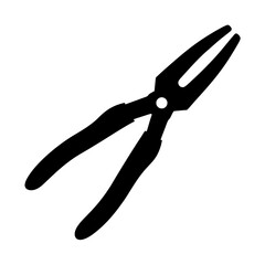 Pliers tool icon in black silhouette, Black silhouette icon of standard pliers, symbolizing gripping, bending, cutting, and general use in mechanical and repair work.
