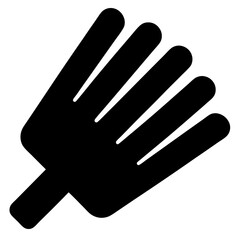 Garden rake icon in black silhouette, Black silhouette of a hand rake with wide tines, symbolizing gardening, soil preparation, landscaping, and outdoor maintenance tools.
