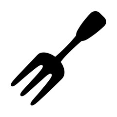 Garden hand fork tool icon in black silhouette, Black silhouette of a three-pronged garden hand fork, symbolizing gardening, soil work, planting, and landscaping tools.
