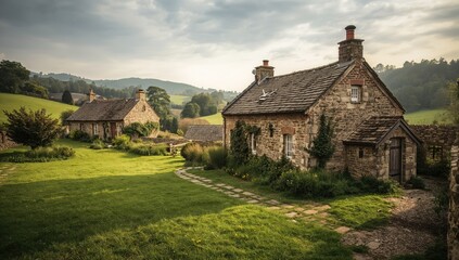 Fototapeta premium Stone cottages nestled in nature, showcasing seasonal change