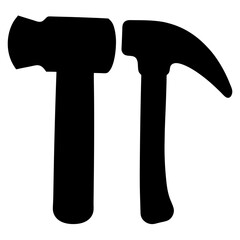 Two hammer tools icon in black silhouette, Black silhouette icon of a mallet and a claw hammer, symbolizing construction, carpentry, and manual labor toolsets.
