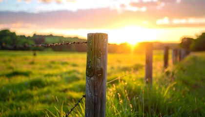 Golden hour over a grassy field. A rustic fence, with wooden posts and barbed wire, frames the view. Sunlight bathes the scene, creating a warm glow