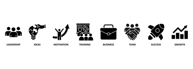 Banner learn and lead. Banner with keywords and icons