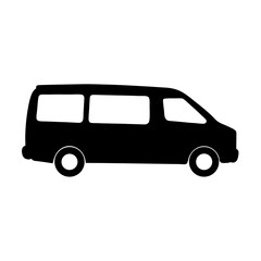 Silhouette of a black passenger van with two large side windows
