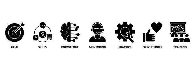 Banner internship concept. vector illustration banner with keywords and icons