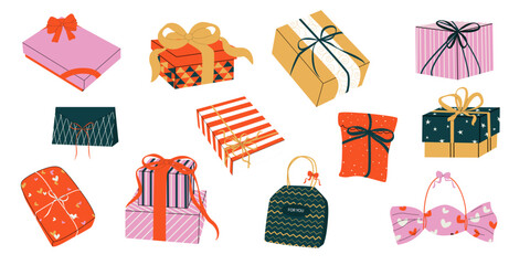 Vector set of multicolored gift boxes with bows and ribbons on a white background. Gift wrapping and boxes. Festive gift boxes for New Year's, birthdays, and other occasions