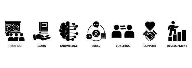 Banner capacity building vector illustration concept. training, learning, knowledge, skills, coaching, support and development icons