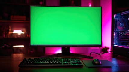 A vibrant green screen on a desk, lit by colorful LEDs, with a keyboard and computer setup.