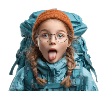 Adventurous girl sticking out tongue adventure portrait playful mood isolated on transparent background
