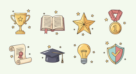 Education and achievement symbols including trophy book star medal diploma graduation cap lightbulb and shield.
