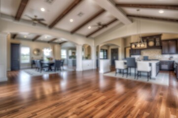 Spacious living area featuring wooden flooring and high vaulted ceilings in a modern upscale residence