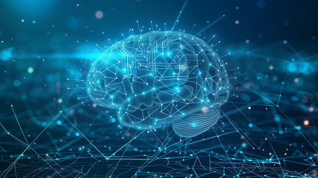 C&eacute;rebro tecnol&oacute;gico abstrato com conex&otilde;es em forma de circuitos e n&oacute;s interligados, part&iacute;culas digitais flutuando e cores azul-ciano em estilo premium de IA