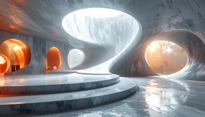 Futuristic interior, a cavernous structure with organic forms, circular windows, and a reflective floor, bathed in warm and cool lighting