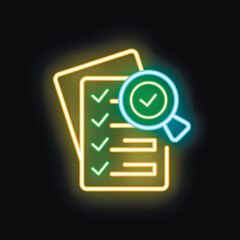 Neon icon of a magnifying glass hovering over a checklist, representing the concept of quality control
