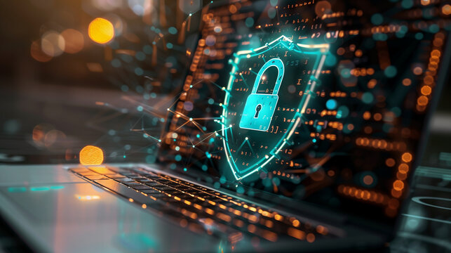 Notebook com escudo hologr&aacute;fico reflete ambiente seguro, criptografia robusta, preven&ccedil;&atilde;o contra roubo de dados, prote&ccedil;&atilde;o de identidade digital e conformidade empresarial