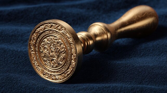 degree. Golden diploma seal with intricate details displayed on a dark blue velvet background in a studio setup. pitch deck slides.