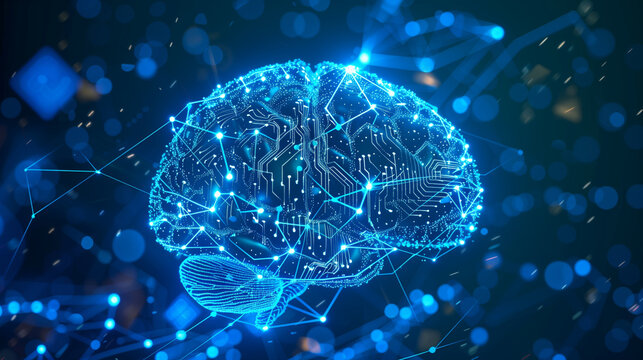 C&eacute;rebro abstrato feito de n&oacute;s e circuitos conectados flutuando sobre gradiente azul-ciano com part&iacute;culas sutis, destacando IA, redes neurais e inova&ccedil;&atilde;o digital
