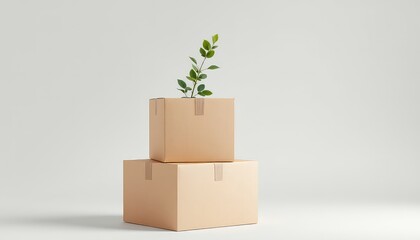 Boxes stacked together showing a new life growing from cardboard, simple minimalist composition