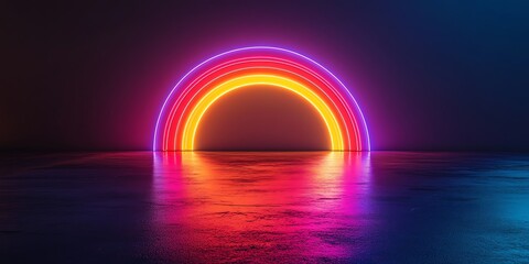 Neon rainbow forms on pitchblack background, abstract 3D conceptual image, 80s retro vibes, minimal fashion stage setup, futuristic lighting