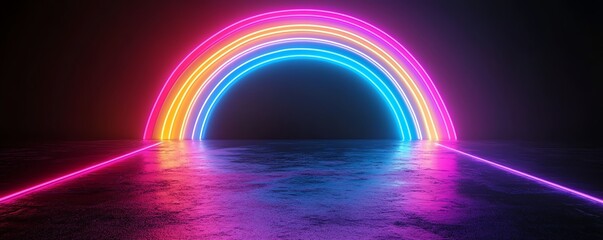 Neon rainbow forms on pitchblack background, abstract 3D conceptual image, 80s retro vibes, minimal fashion stage setup, futuristic lighting