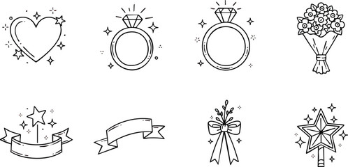 Hand drawn wedding and celebration icons set.