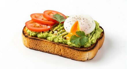 Avocado toast with poached egg and tomato slices isolated on white background
