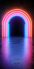 Neon rainbow forms on pitchblack background, abstract 3D conceptual image, 80s retro vibes, minimal fashion stage setup, futuristic lighting
