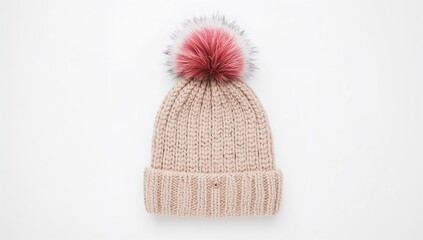 A women's beanie with a pompom displayed against a white backdrop.