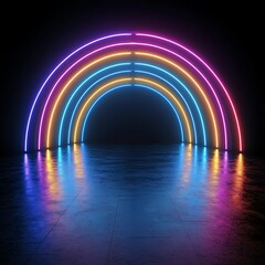 Neon rainbow forms on pitchblack background, abstract 3D conceptual image, 80s retro vibes, minimal fashion stage setup, futuristic lighting