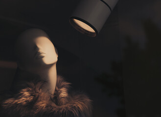 Fashion mannequin wearing faux fur illuminated by a warm spotlight in a dark shop window. Dramatic lighting creates deep shadows and a moody retail display focused on luxury fashion styling.