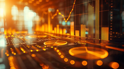 A futuristic financial interface with orange-lit candlesticks and economic indicators displaying market fluctuations, ideal for illustrating trading insights, investment strategy, and financial analy
