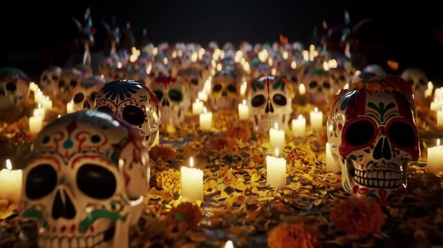 D?a de Los Muertos Crowd: A Vibrant Mexican Celebration with Many Decorated Sugar Skulls, Glowing Candles, and Falling Marigold Petals on an Ofrenda at Night for Ancestral Remembrance.