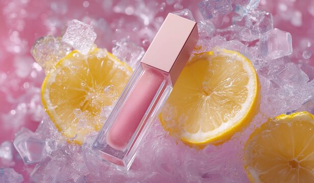 A pink cosmetic lip gloss product displayed with ice cubes and lemon slices in the background for a fresh summer beauty concept - Powered by Adobe