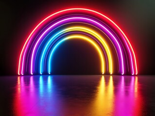 Neon rainbow forms on pitchblack background, abstract 3D conceptual image, 80s retro vibes, minimal fashion stage setup, futuristic lighting