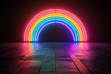 Neon rainbow forms on pitchblack background, abstract 3D conceptual image, 80s retro vibes, minimal fashion stage setup, futuristic lighting