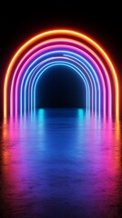 Neon rainbow forms on pitchblack background, abstract 3D conceptual image, 80s retro vibes, minimal fashion stage setup, futuristic lighting