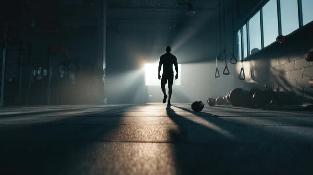 Abstract silhouette of a person working out in a gym with dramatic lighting highlighting the intensity and dedication to fitness and health training