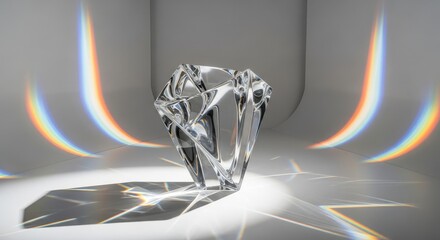 Abstract Crystal Sculpture Prism Effect on White Seamless Background Minimalist Still Life Contemporary Studio Lighting Reflection Rainbows