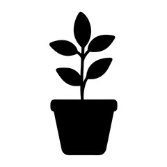 Black Silhouette of Small Potted Plant with Several Leaves on White Background