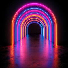 Neon rainbow forms on pitchblack background, abstract 3D conceptual image, 80s retro vibes, minimal fashion stage setup, futuristic lighting